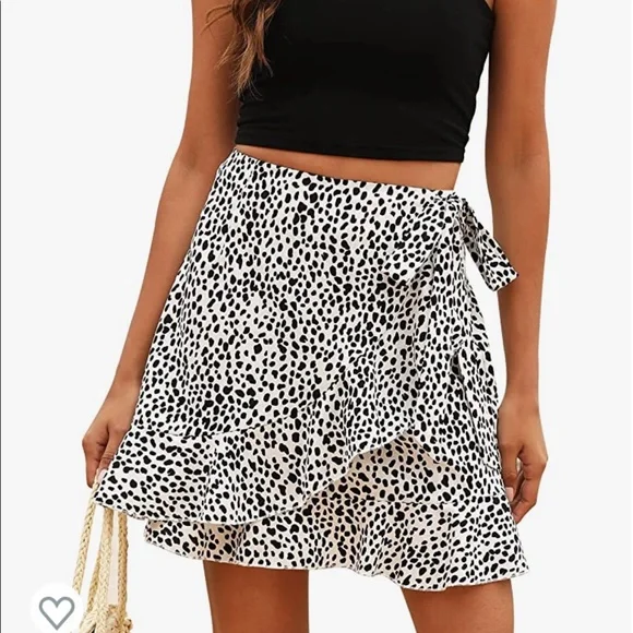 Amazon Skirts Black White Dalmatian Print Ruffled Wrap Mini